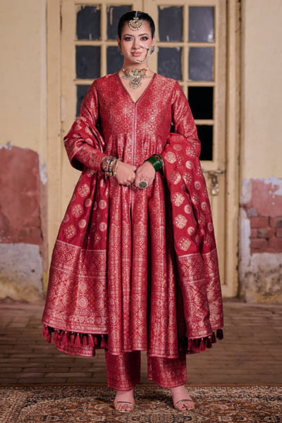 Deep red ajrakh woven anarkali set