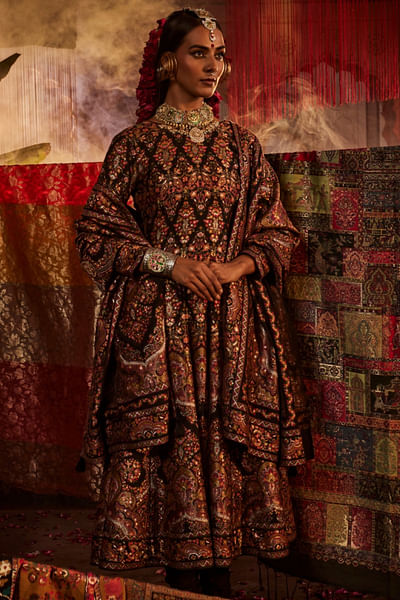 Black floral woven anarkali set