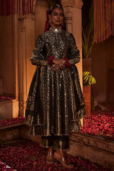 Bottle green banarasi woven anarkali set