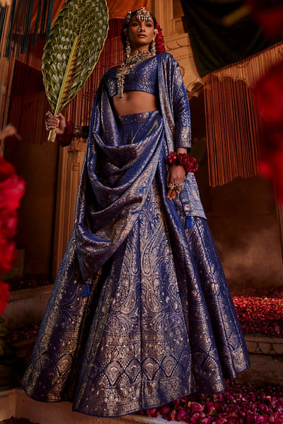 Persian blue paisley woven lehenga set