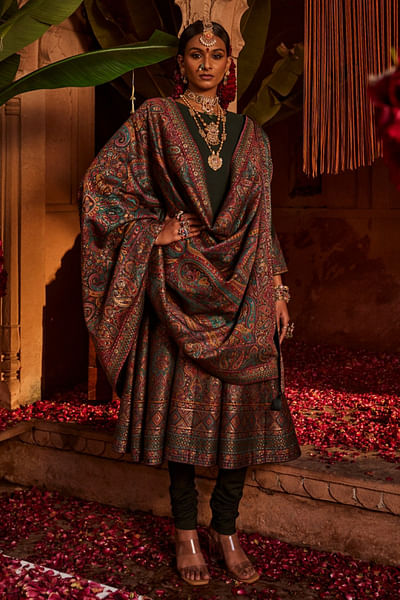 Bottle green paisley woven anarkali set