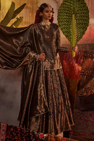 Navy blue woven lehenga set