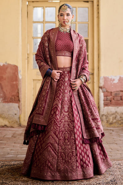 Safaa Maroon zari embroidered lehenga set SAFFEB26D138942