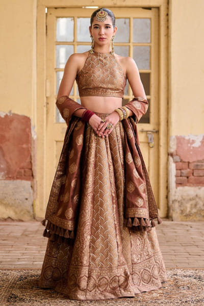 Safaa Brown zari embroidered lehenga set SAFFEB26D138938