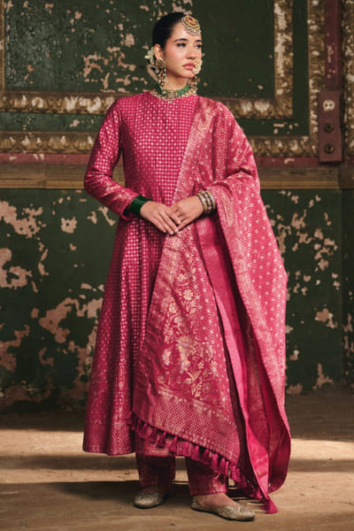 Magenta and green floral woven anarkali set