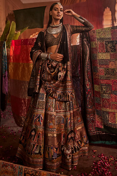 Black Kalamkari woven lehenga set