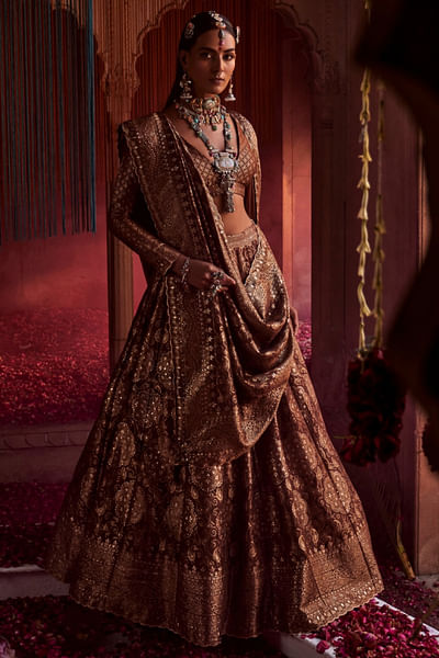 Brown bandhani woven lehenga set