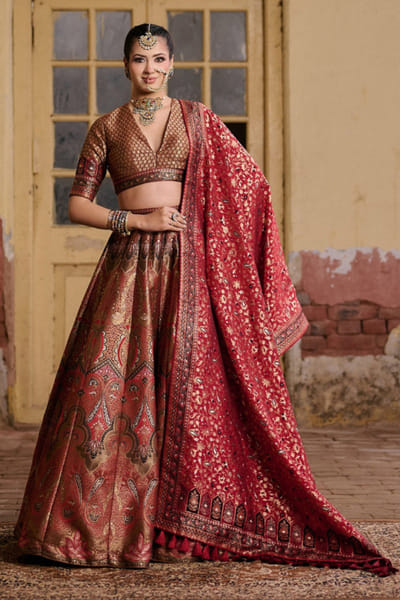 Safaa Brown and red zari embroidered lehenga set SAFFEB26D138934