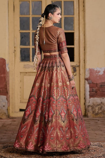 Safaa Brown and red zari embroidered lehenga set SAFFEB26D138934