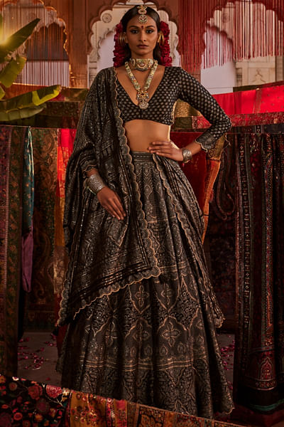 Black chikankari woven lehenga set