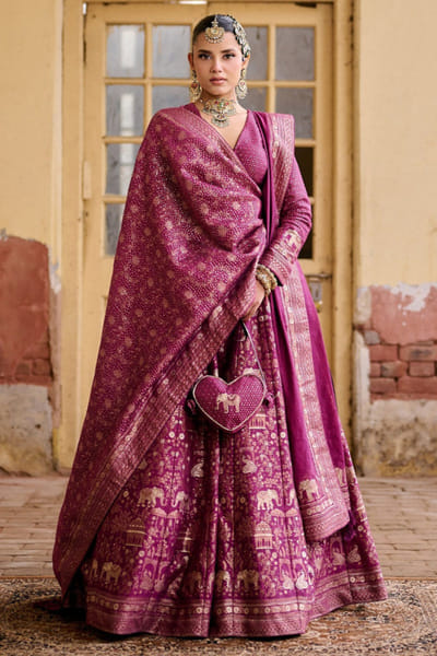 Berry kalamkari weave lehenga set