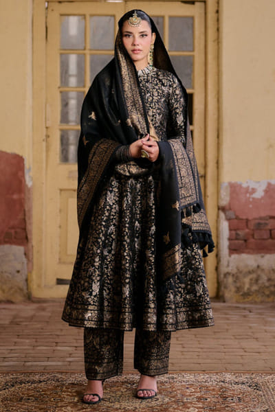 Black and gold Parsi gara weave anarkali set