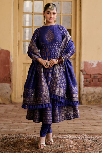 Indigo zari embroidered anarkali set