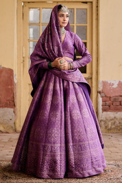 Purple bandhani weave lehenga set