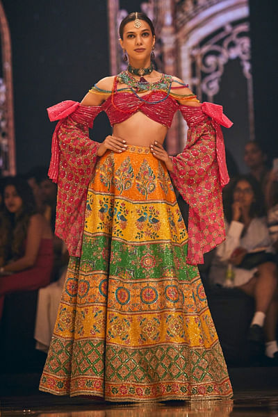 Multicolour bird embroidery lehenga set
