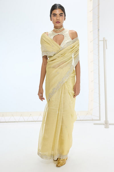 Lemon pearl embroidered handwoven sari set
