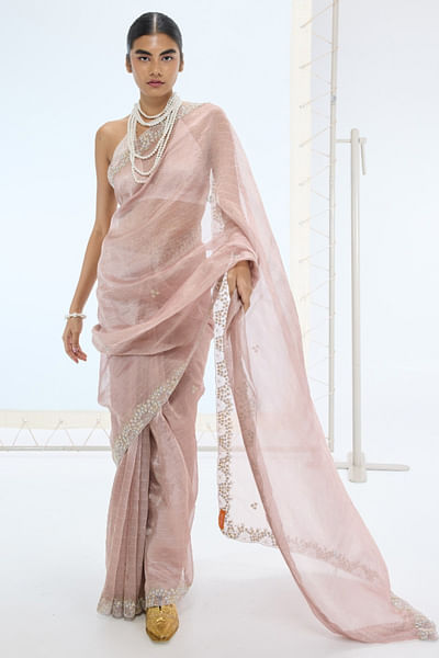 Mauve pearl embroidered handwoven sari set