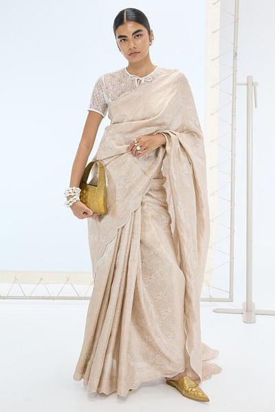Peach lace embroidery kadhwa banarasi sari set