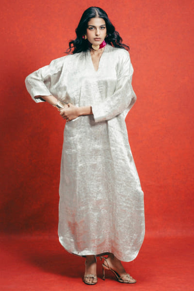 Sea green embossed banarasi kaftan