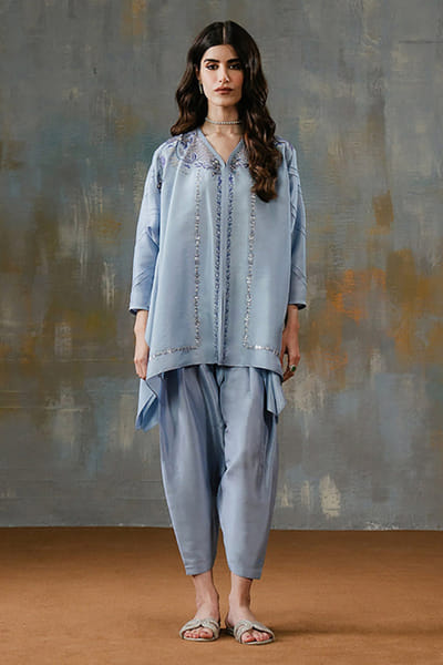 Aneeka Ruknuddin Blue aari and appliqué embroidered co-ord set ANEEJUL26D249815