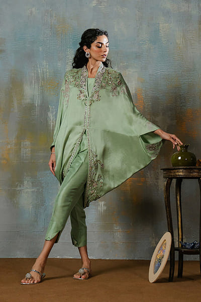 Aneeka Ruknuddin Green embellished cape set ANEEJUL26D249818