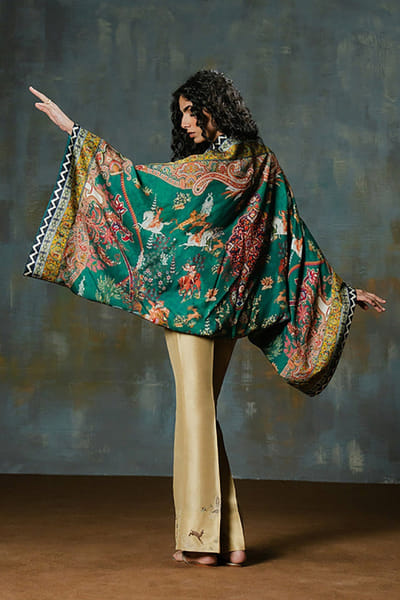 Aneeka Ruknuddin Beige and green printed cape set ANEEJUL26D249820