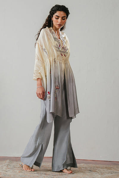 Aneeka Ruknuddin Beige and grey embellished cape set ANEEJUL26D249821