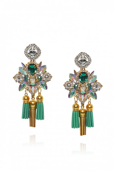 Green tassel and crystal earrings