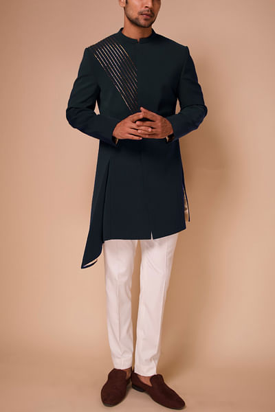 Bottle green asymmetrical sherwani set