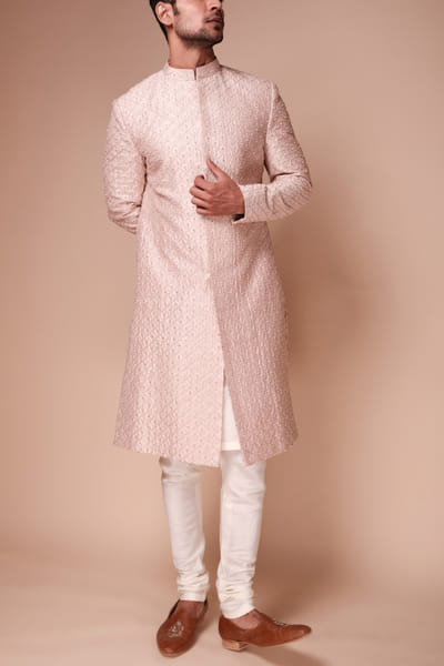 Light pink pearl embroidered sherwani set