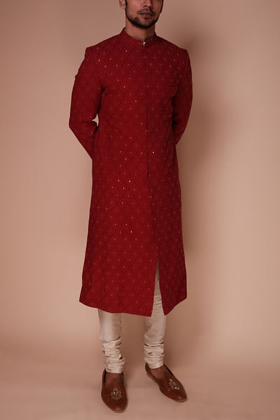 Red embroidered sherwani set