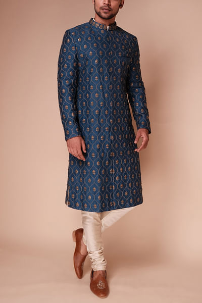 Teal embroidered sherwani set
