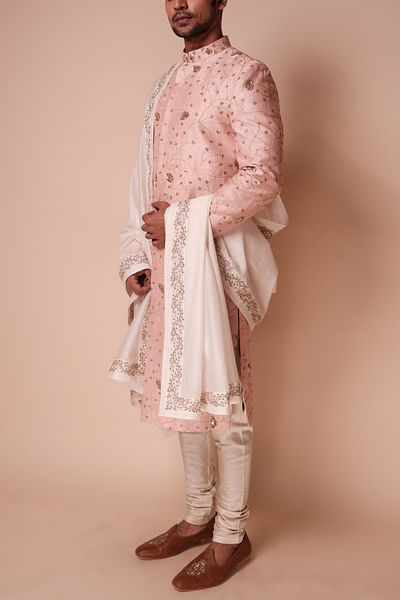 Pink floral embroidery sherwani set