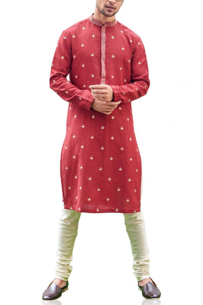 Red embroidered kurta set