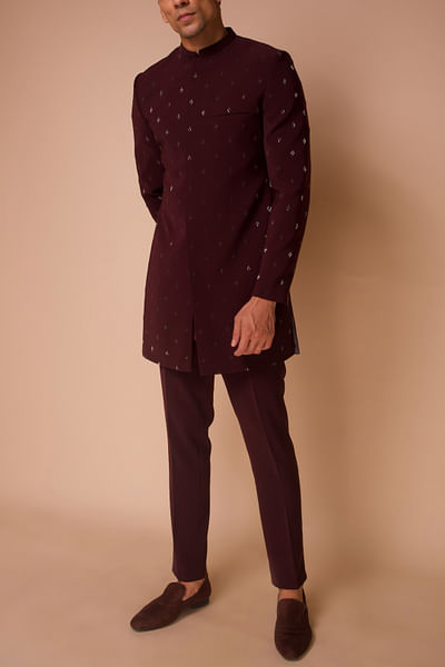 Burgundy embroidered sherwani set