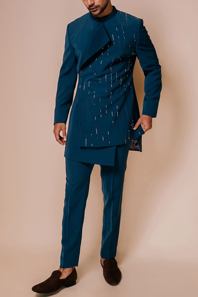 Blue embroidered sherwani set