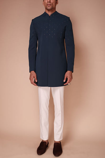 Teal blue embroidered sherwani set