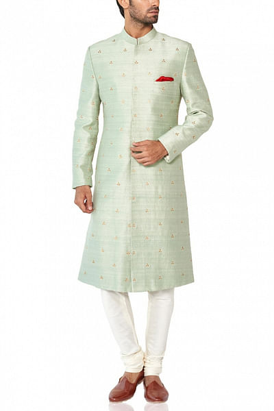 Sage green embroidered sherwani set