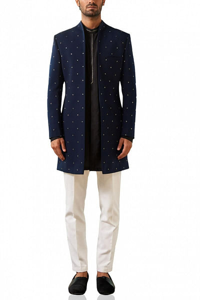 Navy blue embroidered sherwani set