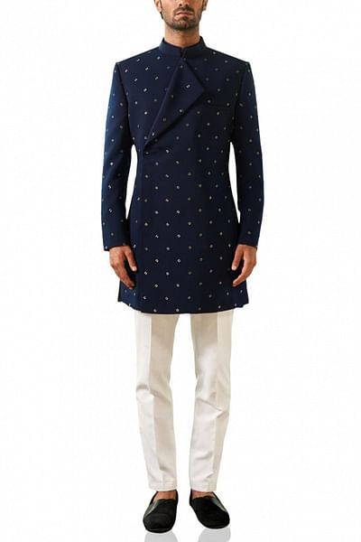 Navy blue flap sherwani jacket set