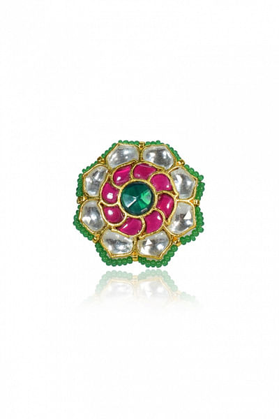 Red and green kundan pachi ring
