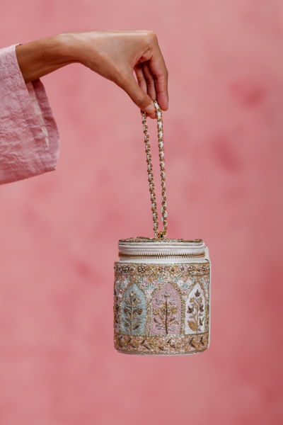 Ivory jharokha-floral embroidered barrel potli