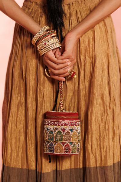 Multicolor jharokha-floral barrel potli bag