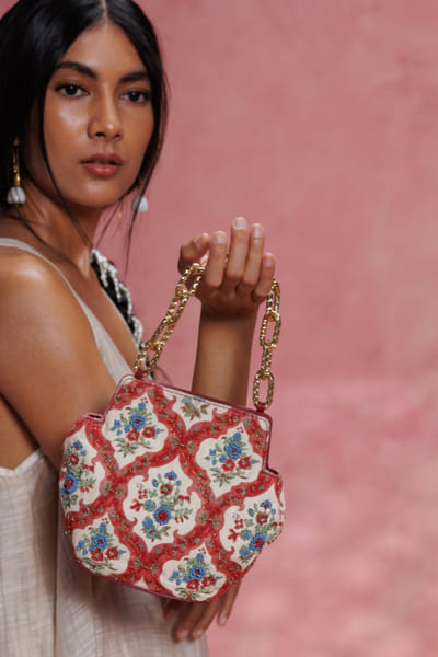 The Leather Garden Multicolour floral embroidered potli handbag THENOV25D138712