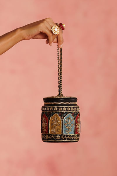 Black jharokha-floral embroidered barrel potli