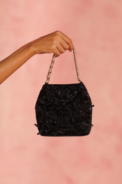 Black 3D floral embroidered potli handbag