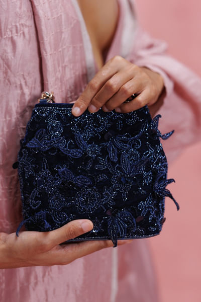 Blue 3D floral embroidered potli handbag