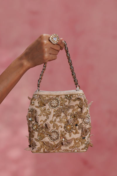 Gold 3D floral embroidered potli handbag