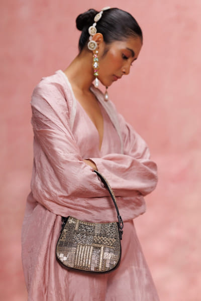 Black and silver hand embroidered shoulder bag