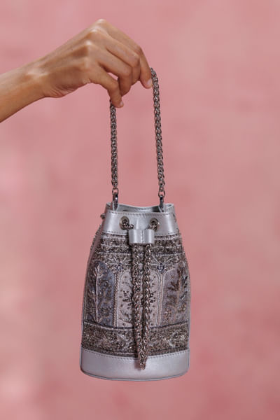 Silver zari embroidered potli handbag